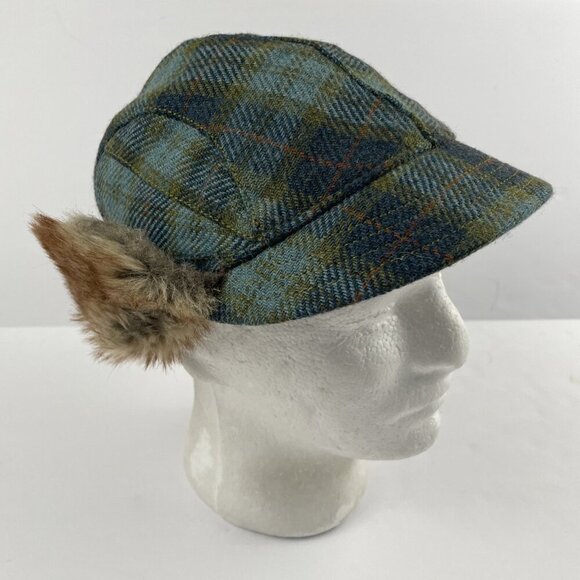 Pistil Wool Blend Plaid Cadet Hat Cap Faux Fur Ear Flaps Quilt Lined Blue Green - Picture 1 of 8